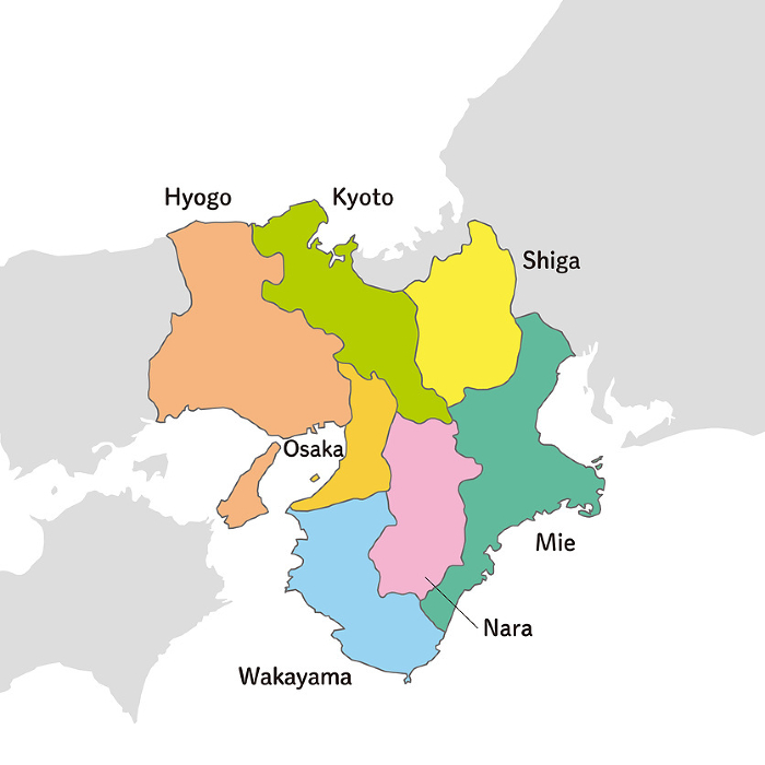 Colorful map of the Kinki region, Kinki province, with English prefecture names