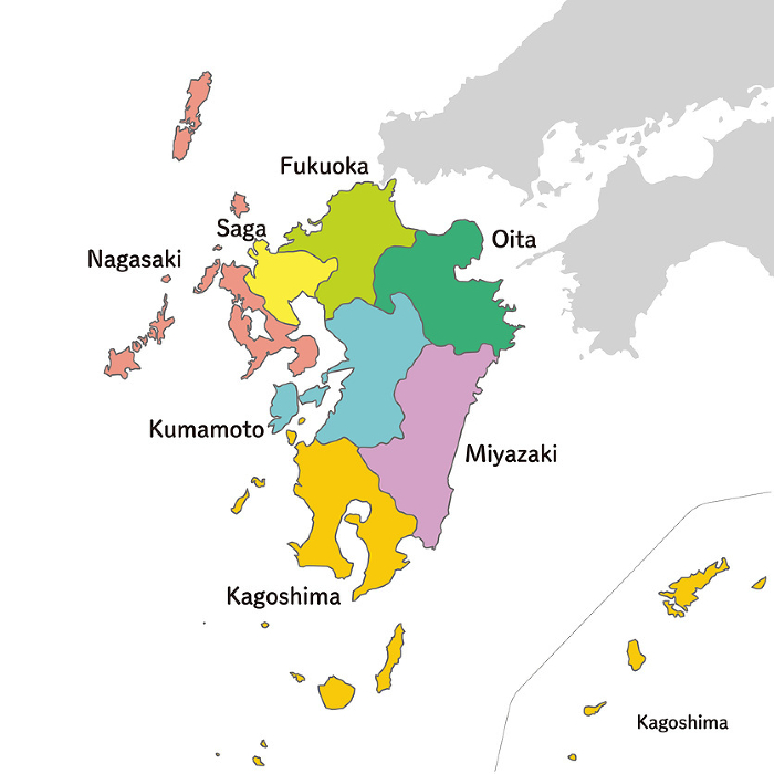 Colorful map of Kyushu, Japan, with English prefecture names