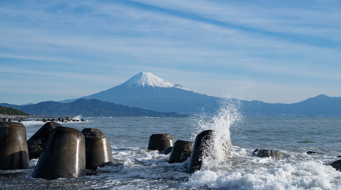 Beautiful Mt. Fuji with lapping waves Mihonomatsubara
