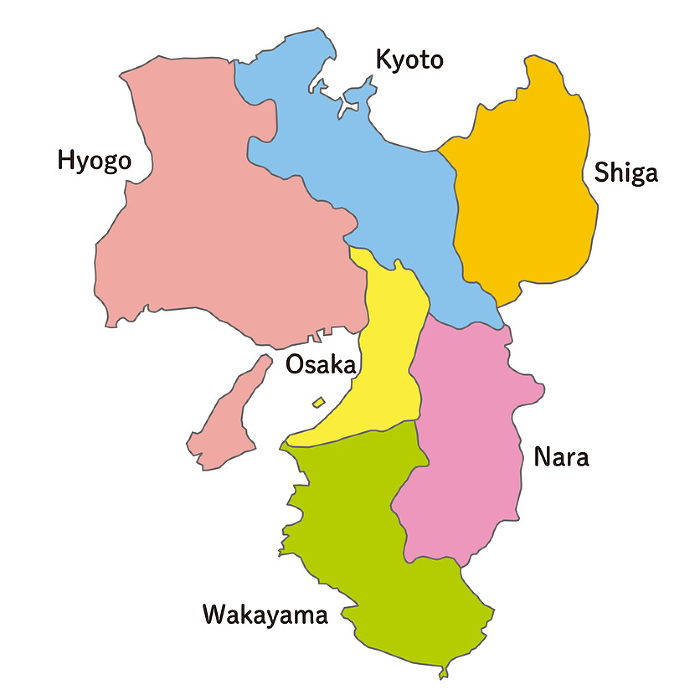 Colorful map of the Kansai region, Kansai, Japan, with English prefecture names.