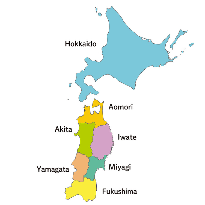 Map of Hokkaido and Tohoku prefectures with icons and English prefecture names