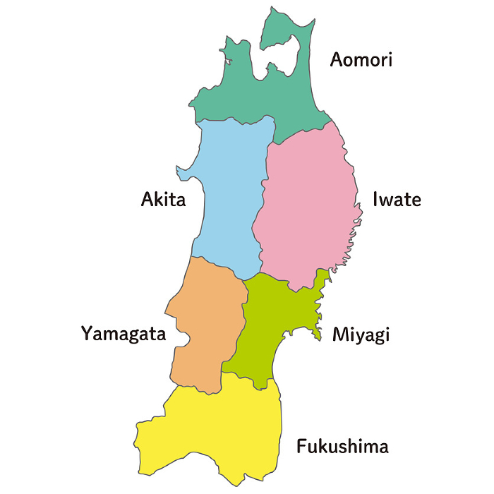 Map of each prefecture in the Tohoku region, with icons and English prefecture names