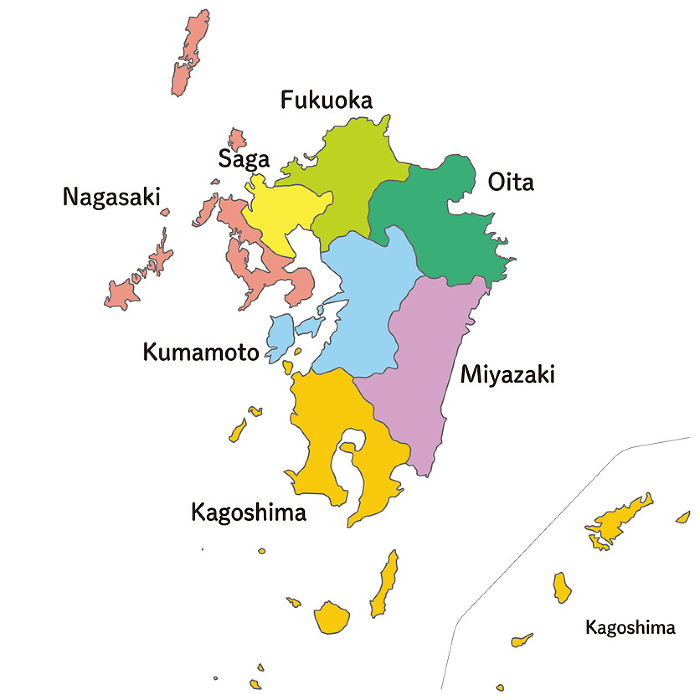 Map of the prefectures of Kyushu, including isolated islands, with English prefecture names