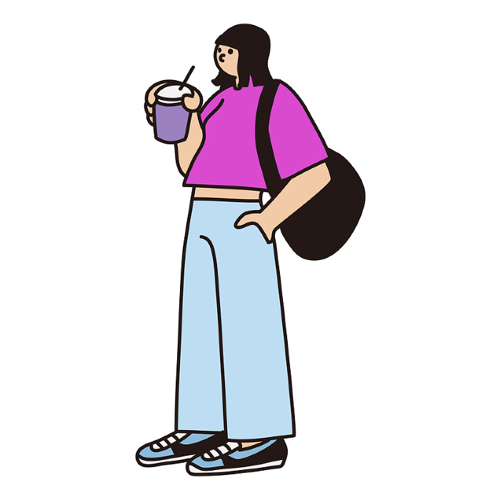 Drinks, takeout, female, full body, line drawing, vector