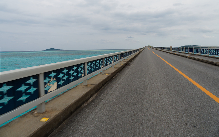 Crossing the Ikema Ohashi Bridge by motorcycle