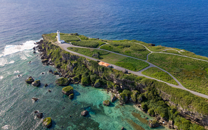Aerial view of the lighthouse at Higashi Heiannazaki taken by drone.