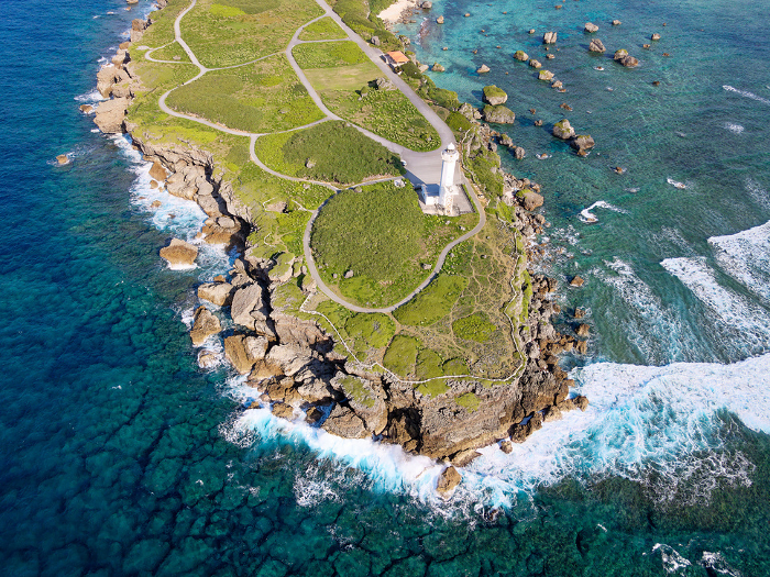 Aerial view of the lighthouse at Higashi Heiannazaki taken by drone.