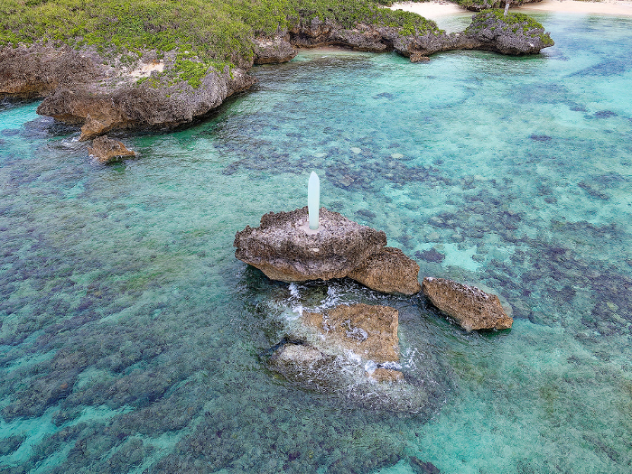 Aerial view of the emerald green reefs of Miyako Island