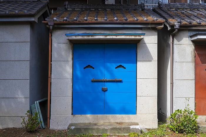 Smiling blue face Mikoshi storage facility, Hikawa Shrine, Hikawa cho, Itabashi ku, Tokyo