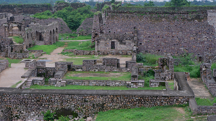 The Citadel Complex of Golkonda Fort, Hyderabad, Telangana, India. The citadel was  10 km of double wall with 87 bastions with cannons, four drawbridges and eight huge gateways The Citadel Complex of Golkonda Fort, Hyderabad, Telangana, India. The citadel was  10 km of double wall with 87 bastions with cannons, four drawbridges and eight huge gateways, by Zoonar RealityImages