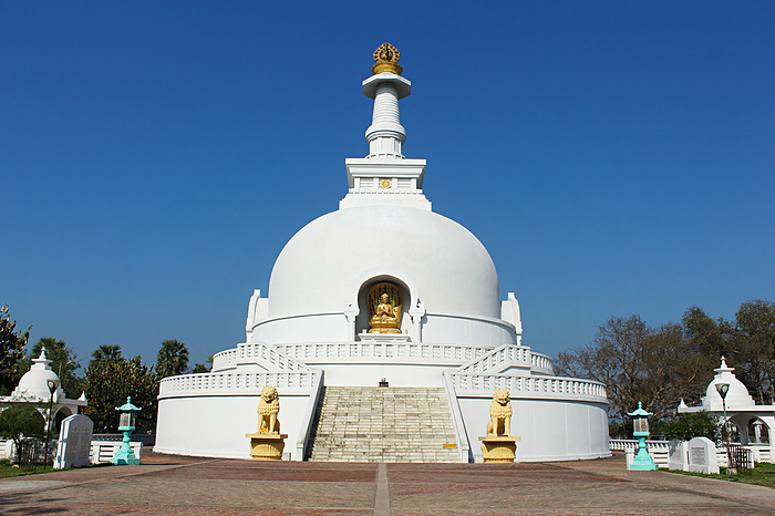 Vishwa Shanti Stupa, also called the Peace Pagoda. Stupa comprises four golden statues of Lord Buddha with each representing his life periods of birth, enlightenment, preaching and death. Vaishali, Bihar, India Vishwa Shanti Stupa, also called the Peace Pagoda. Stupa comprises four golden statues of Lord Buddha with each representing his life periods of birth, enlightenment, preaching and death. Vaishali, Bihar, India, by Zoonar RealityImages