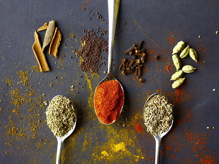 Indian spices, Coriander seeds, Red chilli powder and scumin seeds on spoons, mustard seeds, cinnamon and cloves on dark background Indian spices, Coriander seeds, Red chilli powder and scumin seeds on spoons, mustard seeds, cinnamon and cloves on dark background, by Zoonar RealityImages