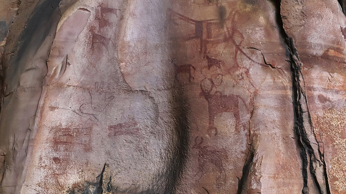 Paintings of animals like Ox, Goat, Boar and Human palm inside Bhimbetka Rock Shelter, Bhimbetka, Raisen, Madhya Pradesh, India. Paintings of animals like Ox, Goat, Boar and Human palm inside Bhimbetka Rock Shelter, Bhimbetka, Raisen, Madhya Pradesh, India., by Zoonar RealityImages