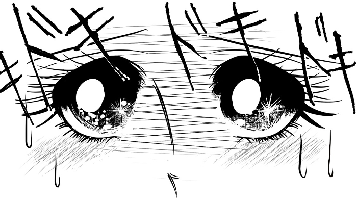 Wide-size close-up illustration of a woman staring with anxious eyes in the style of 70's shoujo manga