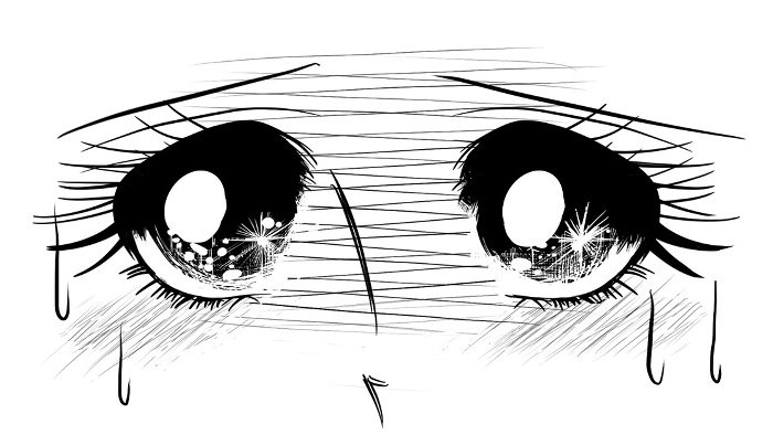 Wide-size close-up illustration of a woman staring with anxious eyes in the style of 70's shoujo manga