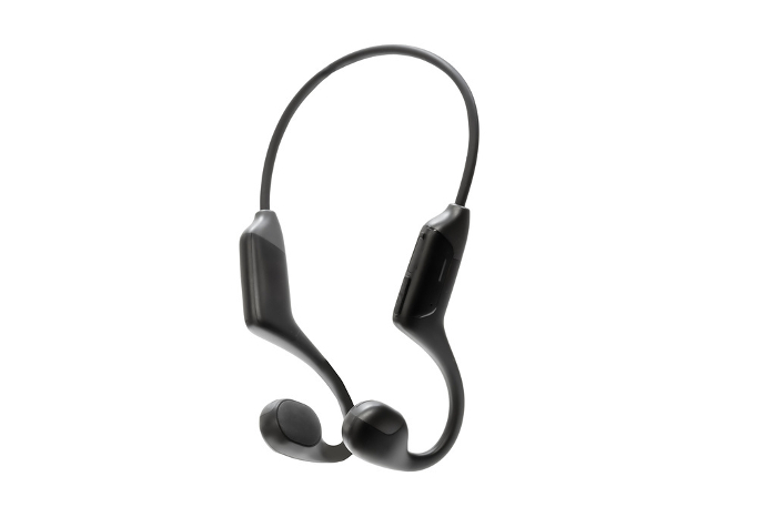 Black bone-conduction earphones photographed from an angle