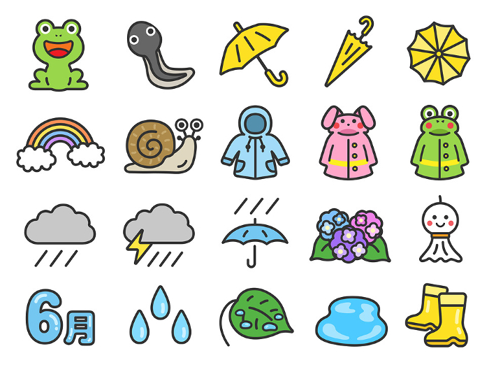 Illustration set of Rainy season icon (line drawing color)