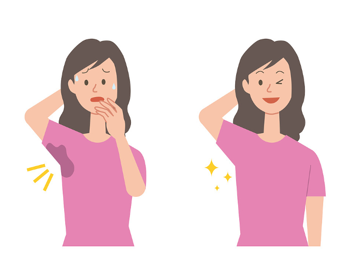 Before and after illustration of a woman suffering from underarm sweat stains