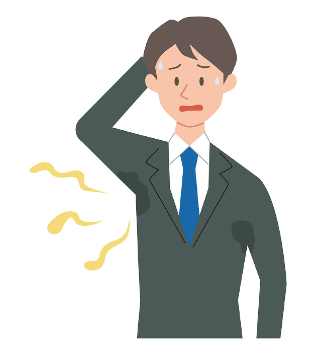 Illustration of a businessman suffering from underarm sweat stains and odor