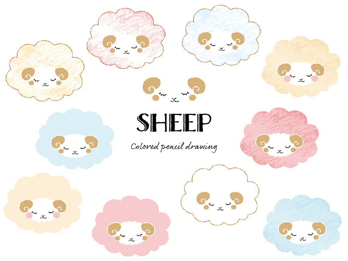 Simple, cute, closed-eyed, fuzzy sheep set with colored pencil touch (front)