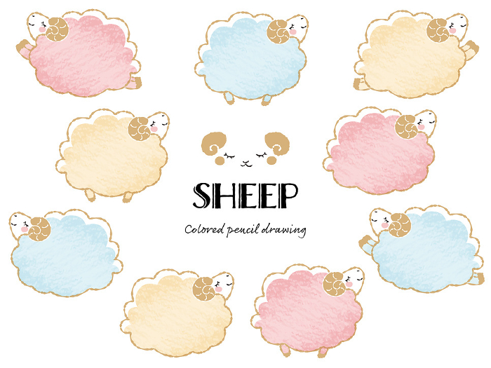 Simple and cute set of fuzzy sheep with closed eyes with colored pencil touch (sideways)
