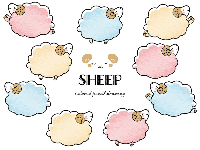 Simple and cute set of fuzzy sheep with closed eyes with colored pencil touch (sideways)