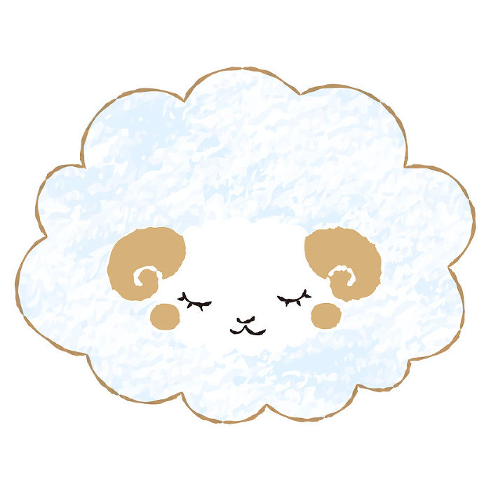 Fluffy sheep with closed eyes (front), simple and cute with colored pencil touch