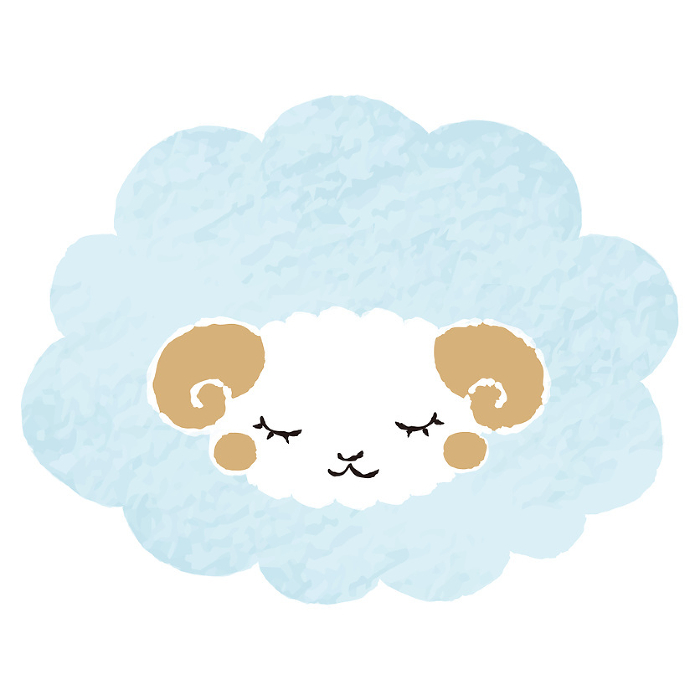 Fluffy sheep with closed eyes (front), simple and cute with colored pencil touch