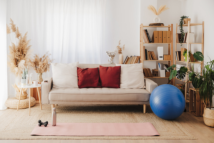 Exercise mat on carpet by sofa and fitness ball in living room