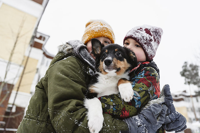 Brothers wearing warm clothes and holding dog in winter