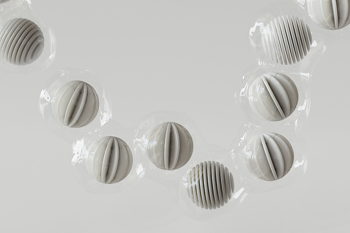 3D render of plastic wrapped spheres floating against white background