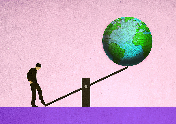 Man balancing planet earth on seesaw against pink background