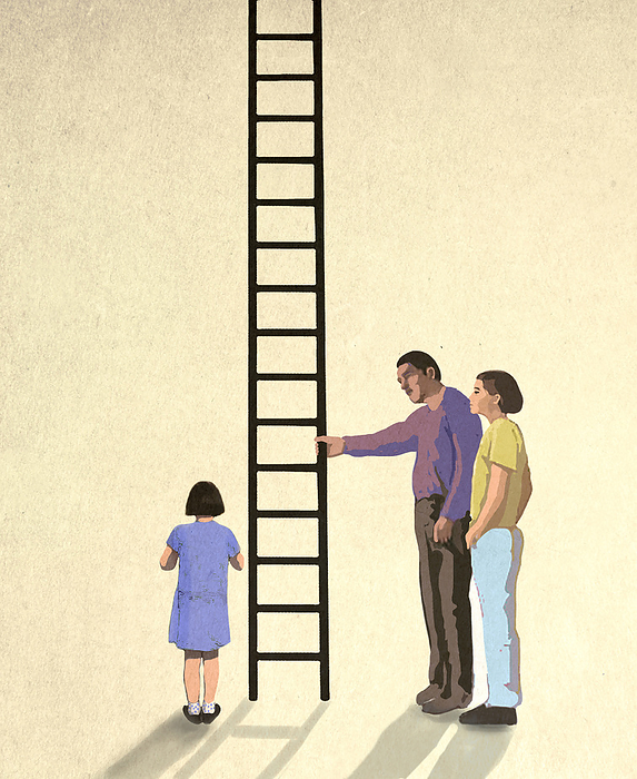 Illustration of parents holding ladder in front of small daughter