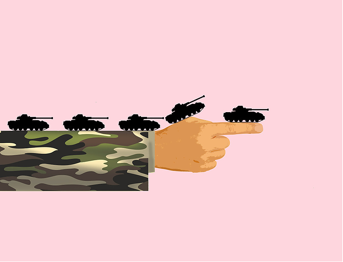 Illustration of military tanks driving along oversized pointing hand