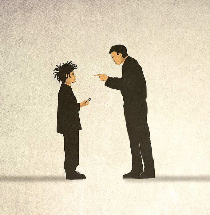 Illustration of father scolding adolescent boy