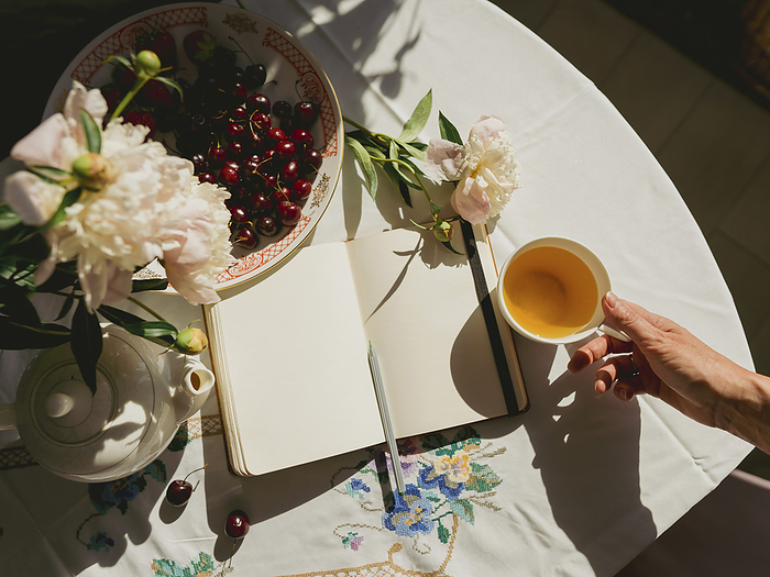 Hand of woman holding teacup near diary on table at home