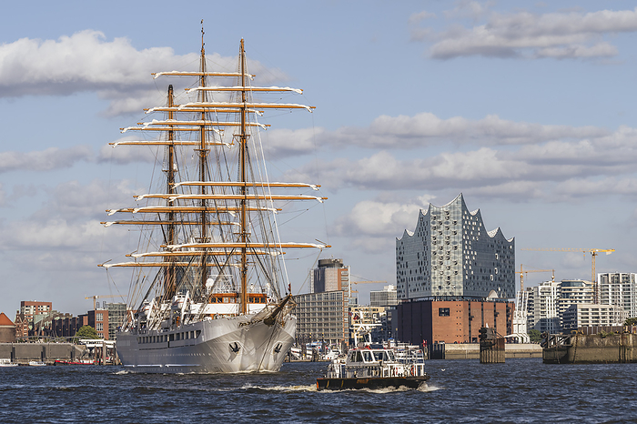 Hamburg, Germany Germany, Hamburg, Sailing ship with Elbphilharmonie in background