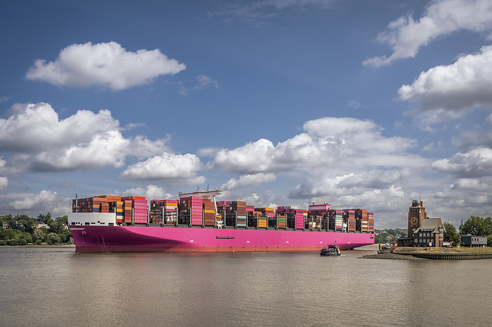 Hamburg, Germany Germany, Hamburg, Pink container ship passing pilot station Seemannshoft