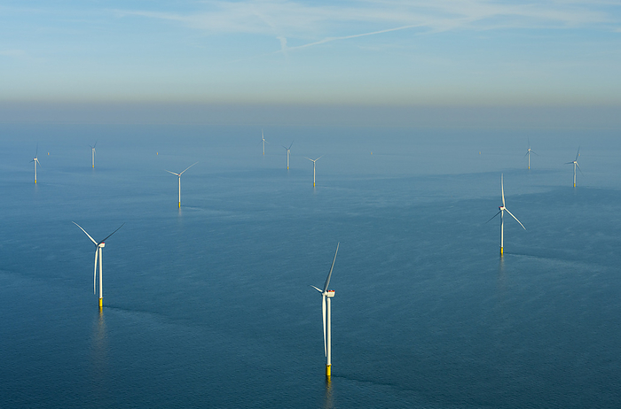 The Netherlands Netherlands, North Holland, IJmuiden, Aerial view of newly constructed offshore wind farm in North Sea