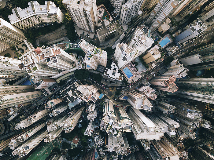Aerial view Modern buildings with winding road in Hong Kong city