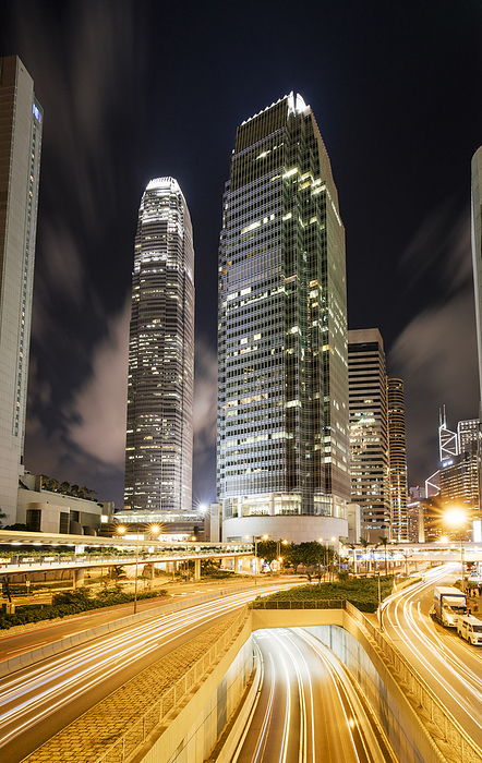 Hong Kong architecture International finance center buildings in Hong Kong city at night