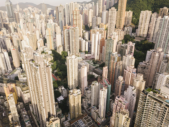 Aerial view of Hong Kong Various towers in Hong Kong city on sunny day