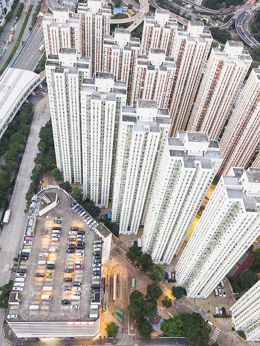 Aerial view of Hong Kong Various tall buildings at sunset in city of Hong Kong