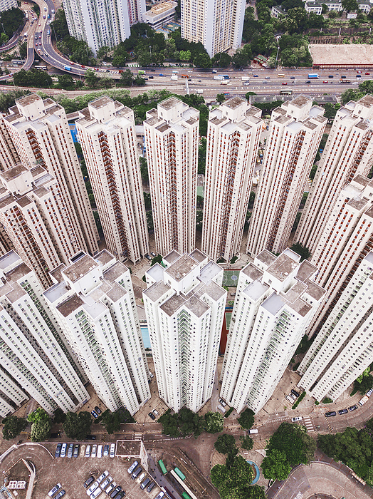 Aerial view of Hong Kong Modern various buildings with street in city, Hong Kong