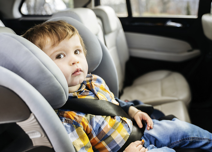 Boy wearing seat belt and sitting in car