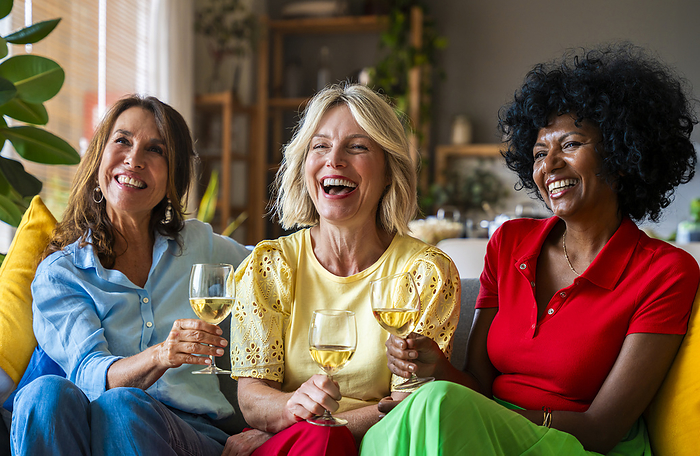 Cheerful multiracial friends sitting on sofa and having wine at home