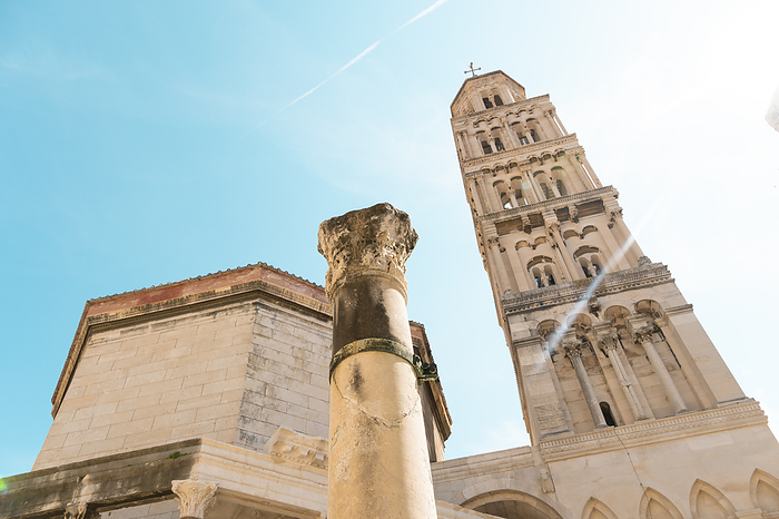 Croatia Croatia, Split Dalmatia County, Split, Column in front of tower of Cathedral of Saint Domnius