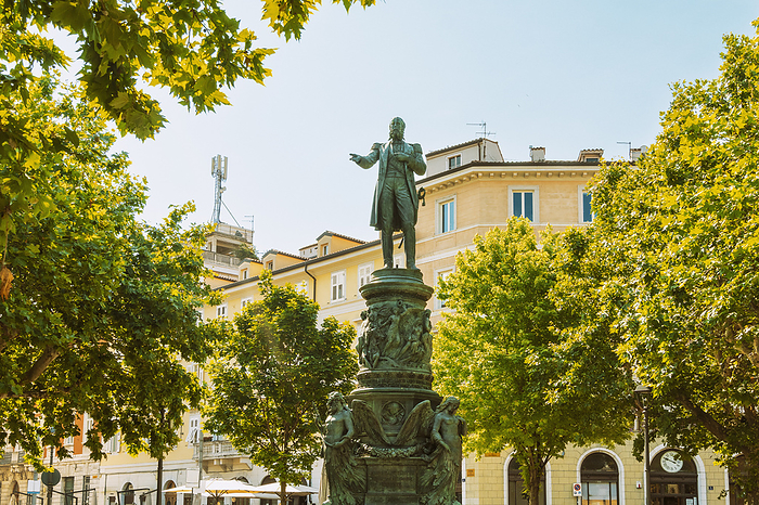 Park of Piazza Venezia with monument statue of empror Maximilian II in summer, Trieste, Italy Italy, Friuli Venezia Giulia, Trieste, Statue of emperor Maximilian I at Piazza Venezia