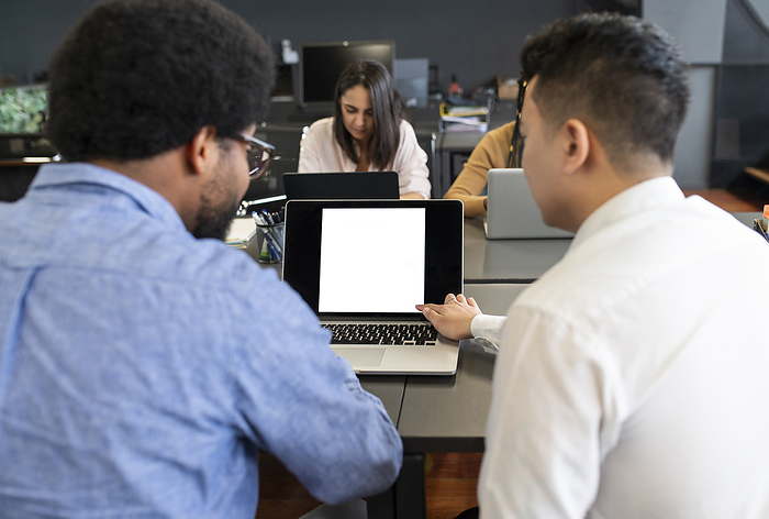 Businessmen discussing over laptop near businesswomen working at desk