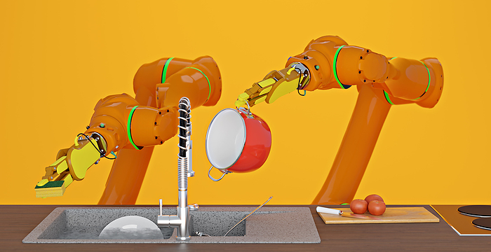 3D render of robotic arms washing dishes in sink